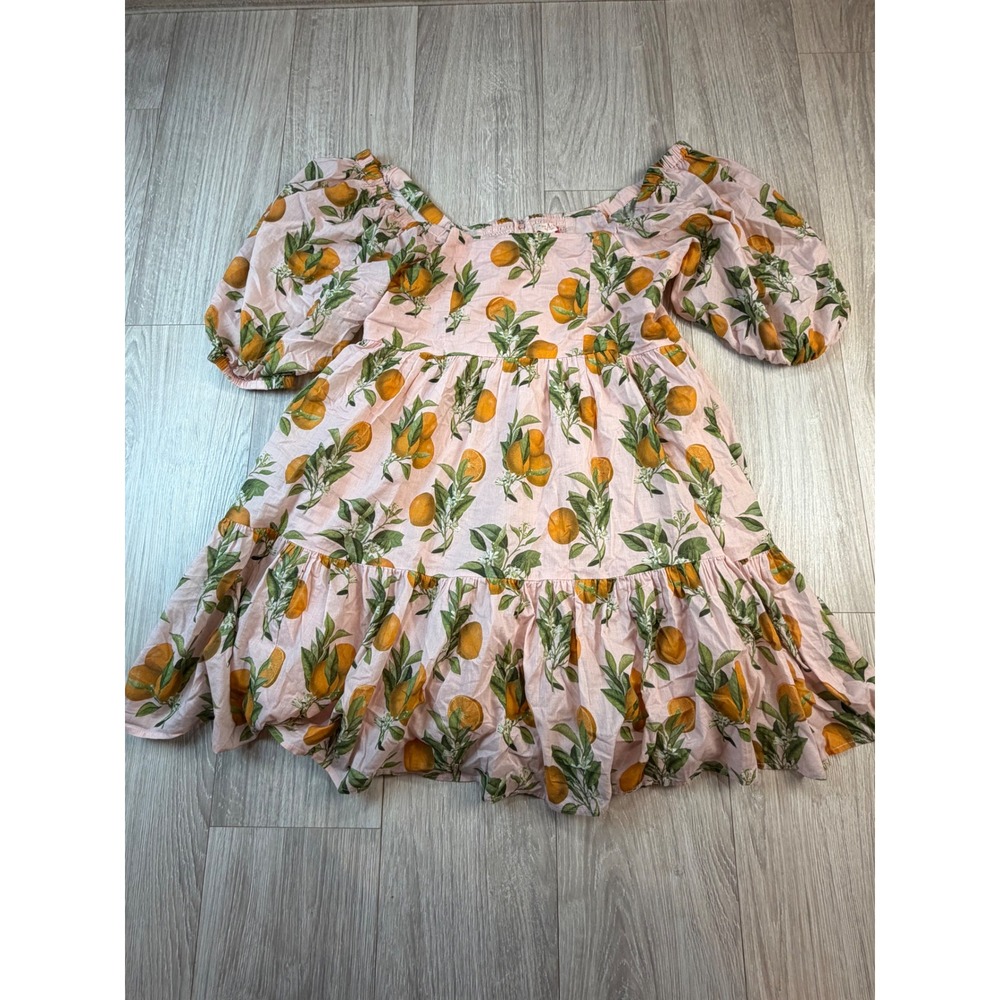 Pink Chicken New York Orange Citrus Print Cotton Puff Sleeve Mini Dress Pink M